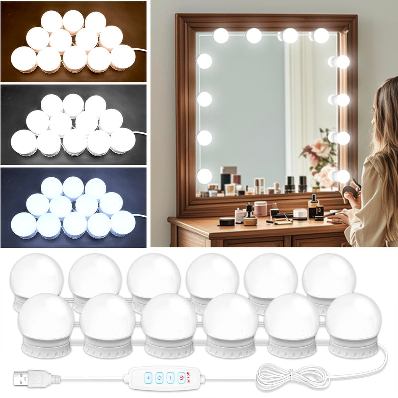 LED Vanity Mirror Lights with 12 Stick On Dimmable Bulbs, 3000K 4500K 6500K & 10 Brightness Levels Adjustable, Plug in USB Cable, Hollywood Style Mirror Lights for Makeup Desk Bathroom Dressing Room 12 Bulbs - NewNest Australia