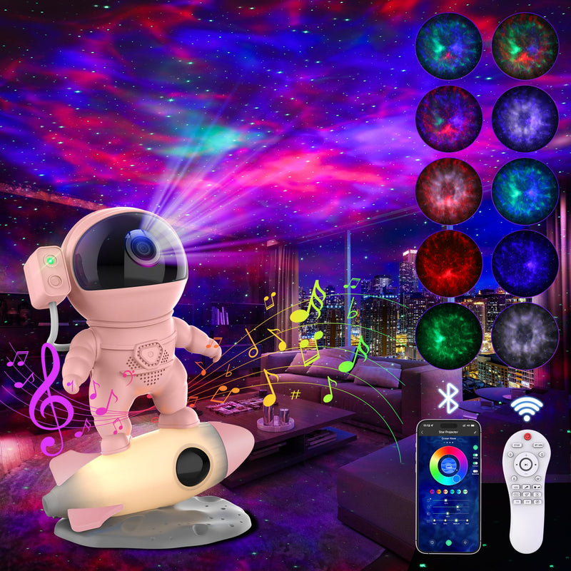 Astronaut Galaxy Projector for Bedroom, Star Projector Galaxy Light with App & Remote Control, White Noises, Bluetooth Speaker, Rocket Night Light for Kids, Ceiling, Gifts, Room Decor Pink