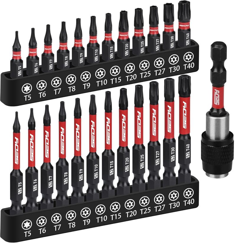 25-piece Torx Bit Set, 1''&2.5'' Security Tamper Proof Torx Impact Screwdriver Bits, T5-T40 CNC Machined Magnetic Tips, S2 Steel Star Bit, High Torque Strength Precision Tools with Storage Box