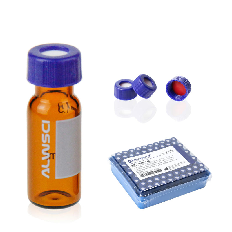 ALWSCI Ultraclean Vials for Chromatography Kit, 2 ml 9 mm HPLC Vial, Amber Autosampler Vial with Graduation, 9-425 Blue Screw Cap with Hole, Red PTFE&White Silicone Septa, 100 of Pack