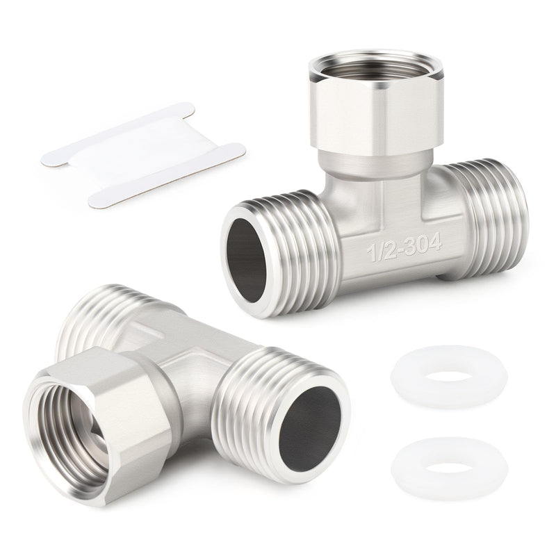 TAISHER 2PCS 304 Stainless Steel 3 Way Top Flexible Movable Tee Connector, 1/2" Male for Sprayer, Angled Valve, Shower Arm 1/2"Male(Top Movable Cap) 2