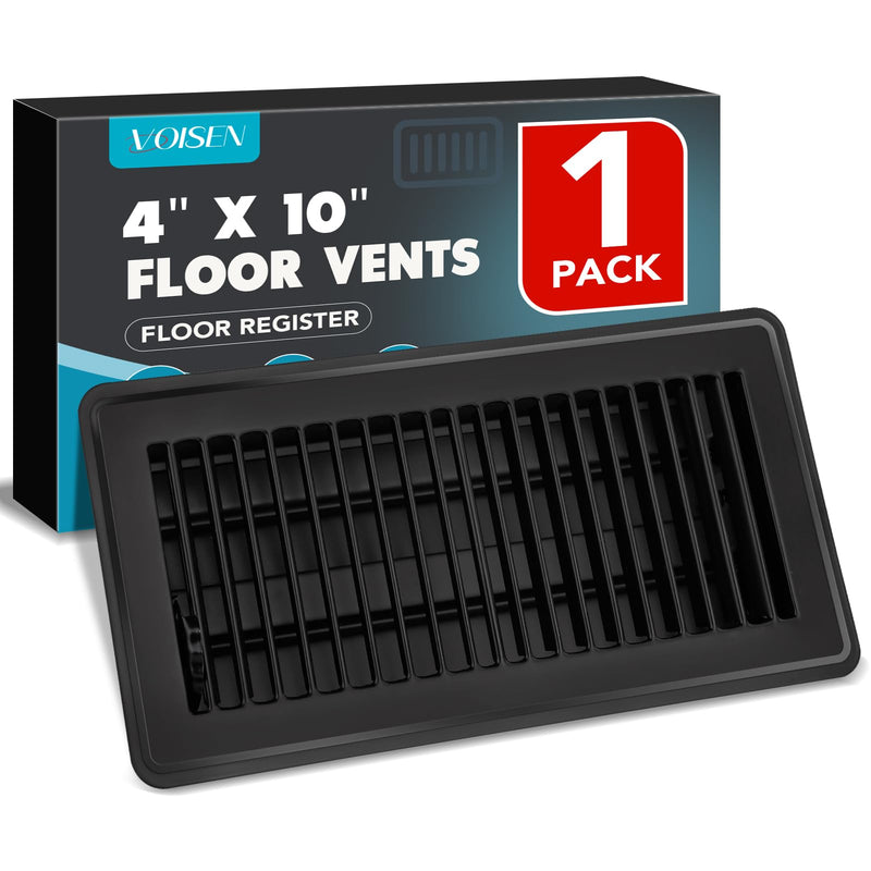 VOISEN Floor Register, 4" x 10" Floor Vents, Steel Adjustable Air Supply Grille Register Vent Cover Grill for Sidewall and Floor(Black) 4"x10"-1 Pack Black