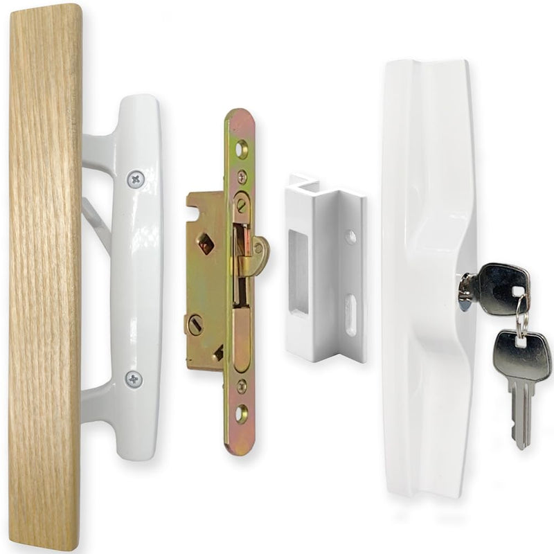 Patio Sliding Patio Door Handle Set with Mortise Lock, Key Cylinder and Keeper, Wood Handle Lock Set Fits Door Thickness from 1-1/2" to 1-3/4", 3-15/16" Screw Hole Spacing, Keyed, White with Key + with Keeper