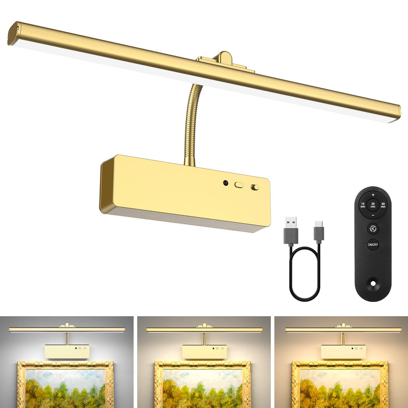 Picture Light with Remote, 15.35inch Wireless Rechargeable Battery Wall Light for Paintings, 3 Colors Paintings Light Dimmable and Timer Metal Art Light for Display, Wall, Artwork, Gallery (Gold) Gold - NewNest Australia