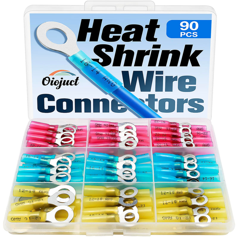 90Pcs Heat Shrink Wire Connectors Electrical Kit - Oiojuct Marine Automotive Wiring Crimp Terminals Assortment, Waterproof Ring Electrical Butt Connector 90