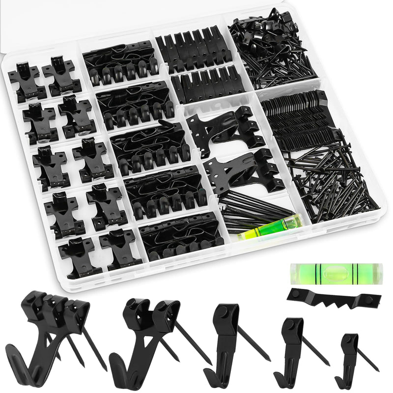 KURUI Picture Hangers, 385Pcs Picture Hanging Kit with Heavy Duty Picture Hanging Hooks, Sawtooth, Hardware Nails and Picture Hanging Tool, Wall Hangers for Frame, Painting, Art, Photo (Black) Black