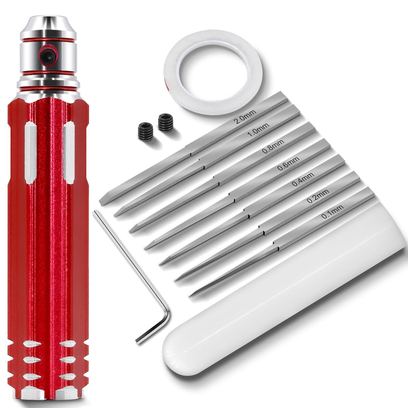 Prime Model Scriber Gundam Resin Carved Scribe Line Hobby Cutting Tool Chisel, 7 Model Chisel Blades (0.1/0.2/0.4/0.6/0.8/1.0/2.0mm) with Rubber Cap + Carving Masking Tape 3mmx20m (Red)