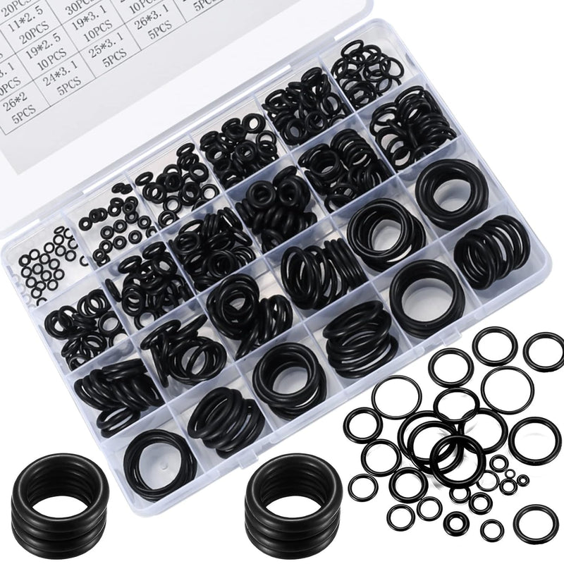 O Ring Assortment Kit, 360 Pcs Rubber Washer Orings, 24 Sizes Pressure Washer O Ring Kit for Faucet, Hose, Automotive, Air Gas Plumbing Sealing Repair O Rings, Black A-360 PCS