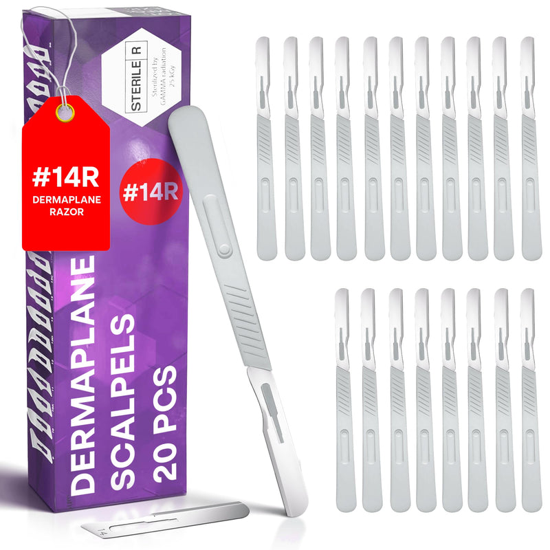 Disposable 14R Blades Dermaplaning Scalpels - Pack of 20 Dermaplane Blades S calpel 14, Size 14 Scalpel Blades, High Carbon Steel Dermaplane Blades 14 Scalpel Disposable Scalpels #14R