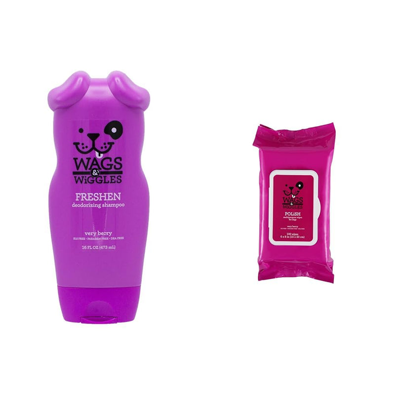 Wags & Wiggles Fresh & Clean Bundle in Very Berry Scent: Freshen Deodorizing Dog Shampoo, 16 Oz and Polish Multipurpose Wipes, 100 Count - Odor Control & Coat Conditioning Without a Bath - PawsPlanet Australia