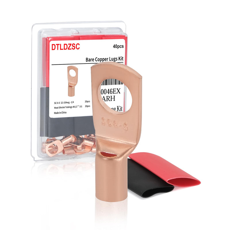 Thick Copper Electric Wire Lugs,20Pcs Bare Copper Gauge 12-10Awg-1/4(M6) Ring Heavy Duty Battery Cable Lugs Ends Ring Terminals Connectors with 20Pcs 3:1 Heat Shrink Tubing Assortment Kit 12-10Awg-1/4"(M6)Ring