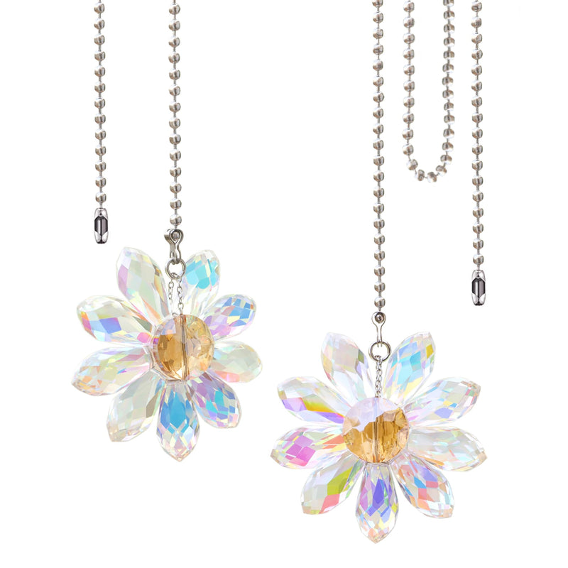 LEFERS Ceiling Fan Pull Chain, 2 Pieces 1.8" Crystal Glass Flower Pendants with 24" Ceiling Fan Chain Extender and Connector (Crystal AB) Crystal AB