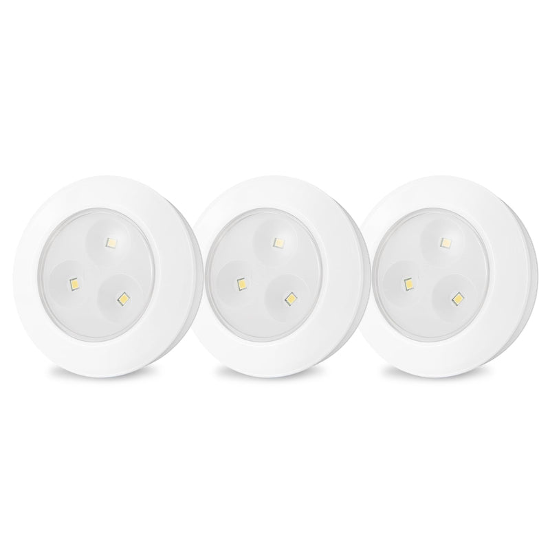 LUXSWAY LED Puck Light, Ultra-Thin Touch Lights, Battery Operated, Tap Lights, 60 Lumens, Stick on Lights, Under Cabinet Lighting, Ideal for Kitchen Cabinets, Closets, Garage and More, 3-Pack, White White - Manual ON/OFF Puck Lights