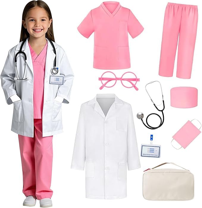 Doctor Costume For Kids With Real Stethoscope Kids Scrubs Halloween Costumes For Girls Boys Doctor Dress Up 9 Pcs Pink 5-6 years