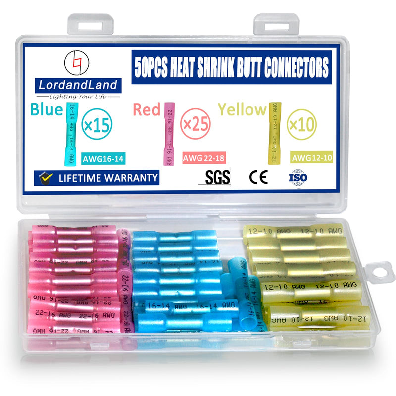 50 Pcs Heat Shrink Butt Connectors Kit,Heat Shrink Wire Connectors,Waterproof Insulated Marine Automotive Crimp Terminals Butt Splice Connectors for Marine Automotive Motorcycle Truck Electrical [ Mixing 22-10AWG ] 50PCS