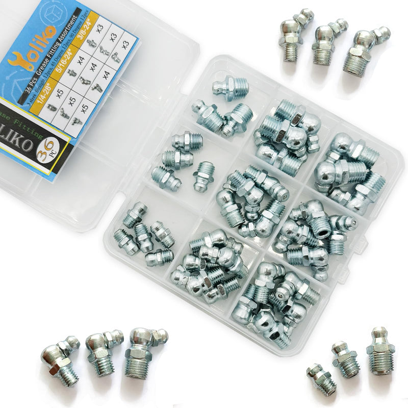 1/4"-3/8" 36Pcs 3 Sizes Grease Fitting Assortment Straight 45 90 Degree Grease Zerk Fittings, Galvanized Steel Grease Fittings and Grease Gun Tips for Industrial/Agricultural Machinery Yoliko 3Size-36Pcs - NewNest Australia