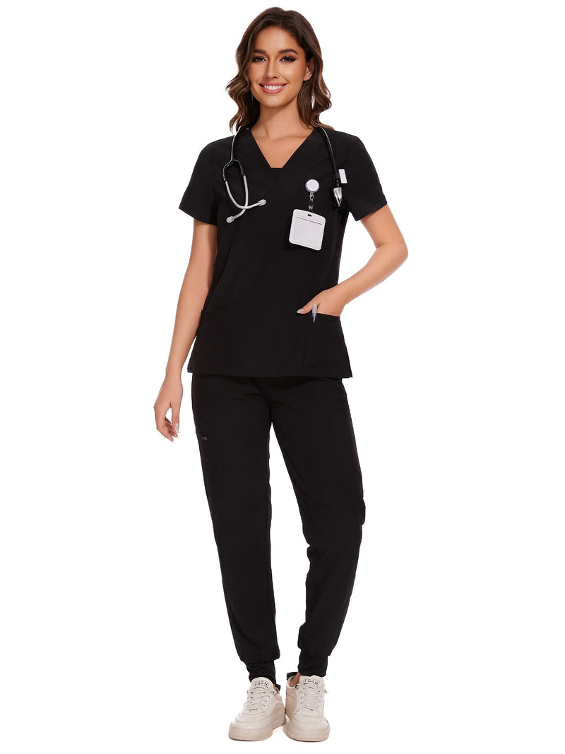 COZYFIT Scrubs for Women - V-Neck Top & Cargo Pants Scrubs Set with 10 Pockets Black Medium