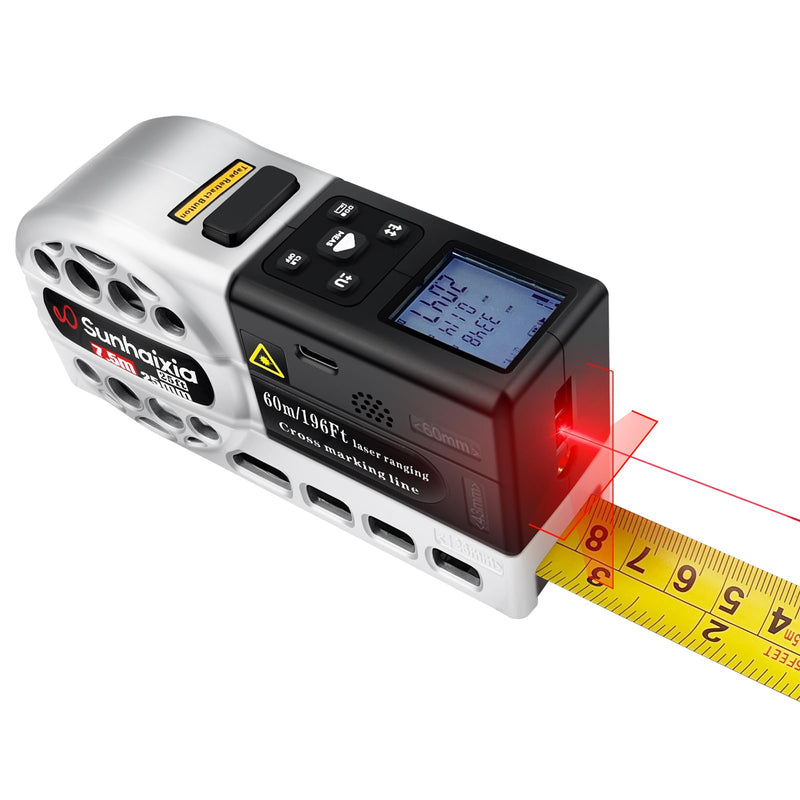 5 in 1 Laser Tape Measure with Level | 196ft/60M Laser Distance Meter Display On Backlit LCD Screen with 16ft/5m AutoLock Measuring Tape | Ft/Inch/Fractions/M/mm (Sliver 5in1 Laser)