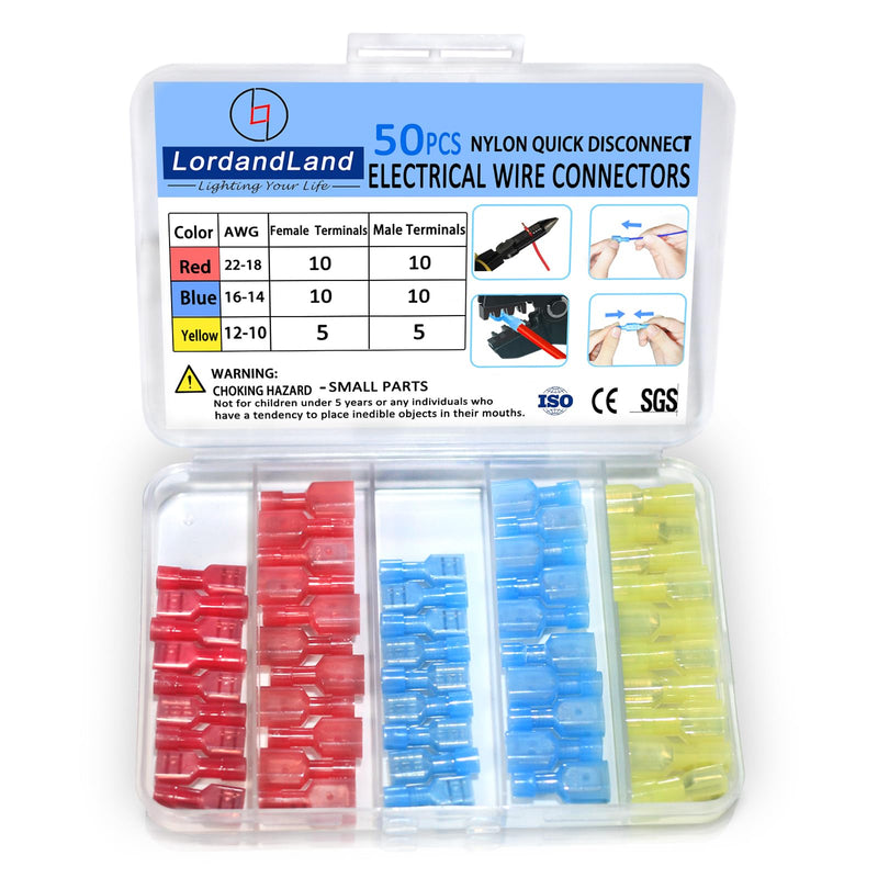 50PCS Nylon Spade Quick Disconnect Connectors Kit 22-10 AWG Male and Female Electrical Wire Connectors Kit Electrical Insulated Wire Crimp Cold-Pressed Terminals for Automotive,Electronics