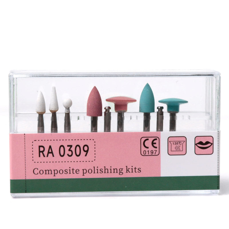 Dental Composite Polishing Kit 9pcs/Kit, Ceramic Oxide Grit, Ceramic Material, Low-speed Contra-angle Handpiece Compatible, White, Pink, Light blue