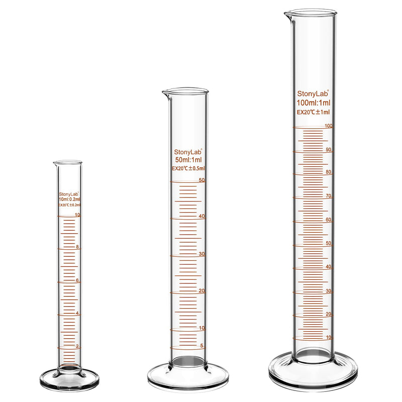 stonylab Graduated Measuring Cylinder, 10 ml / 50 ml / 100 ml Thick-Walled Borosilicate Glass Graduated Cylinder Set Laboratory Glassware 10 ml/50 ml/100 ml