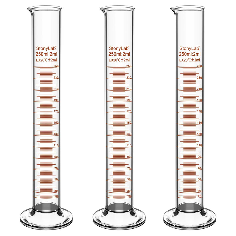 stonylab Graduated Measuring Cylinder, 3 Pack 250 ml Heavy Wall Borosilicate Glass Graduated Cylinder Laboratory Glassware