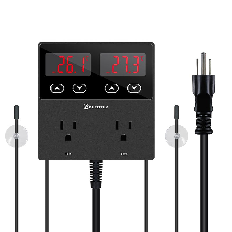 KETOTEK KT99pro Dual Digital Temperature Controller Outlet 10A Relay Heating Coolling Thermostat Controlled Socket with Sensor for Reptile Brewing Fermentation Breeding Incubation Greenhouse