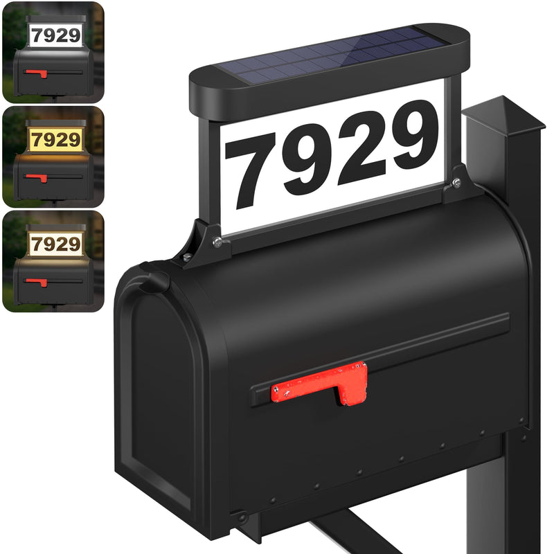 Solar Address Sign, 3-Color Lighting Modes Mailbox Number Plaque Waterproof, Double Sided Light-Emitting Mailbox Topper, LED House Numbers