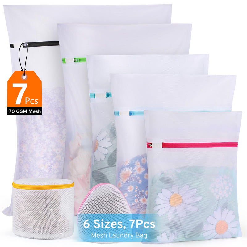 Ultimate 7 Pack 6 Size Mesh Laundry Bags Set for Delicates with AUTO-Lock Zipper, Lingerie Bags for Washing Delicates, Laundry Bags Mesh Wash Bags, Delicates Laundry Bag for Jeans,Blouse,Stocking,Bra White_Fine Mesh 1*XL+1*L+2*M+1*S+2*Bra Bags