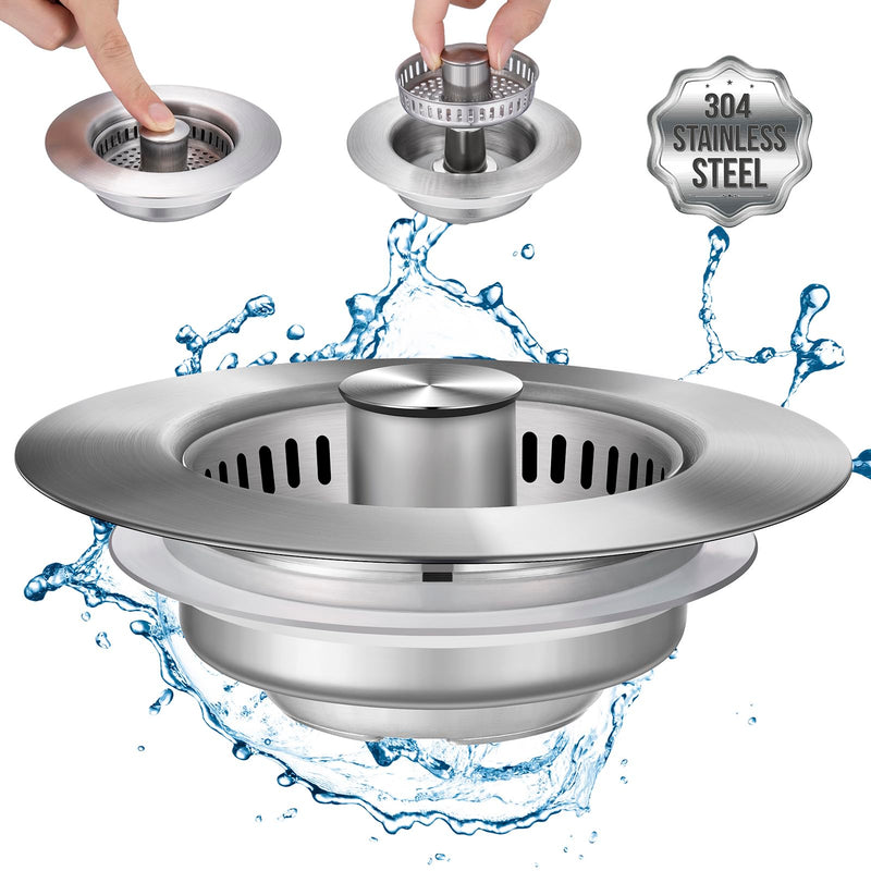 Upgraded 3 in 1 Kitchen Sink Drain Strainer - Stainless Steel Sink Stopper, Anti-Clogging Sink Food Catcher Basket, Fast Drainage Odor Filter Sink Plug for US Standard 3 1/2 inch Drain (Silver-1Pack) Silver-1pack