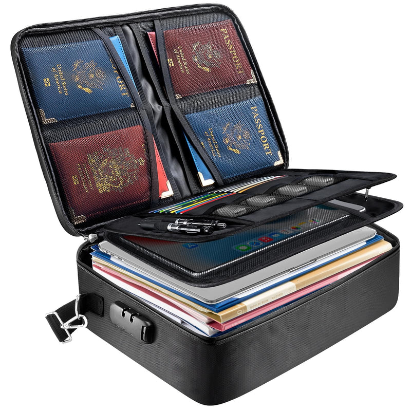 BALEINE Fireproof Document Box with Lock, Portable Fireproof Document Bag Waterproof Fire Proof File Boxes for Documents, File Organizer Box for Important Paperwork (Black, 15''x11''x4'') 15''x11''x4'' (Bag) Black