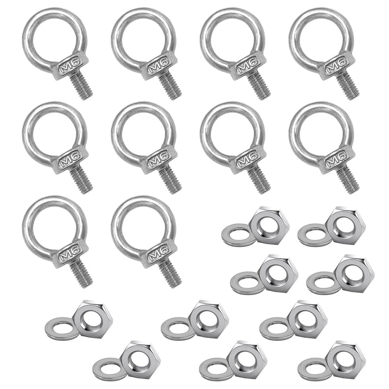 10 Pcs M6 Eye Bolts with Nuts Stainless Steel Lifting Eye Bolt UNC Heavy Duty Marine Grade Shoulder Ring Eyebolt, Eye Bolts with Nuts 1/4