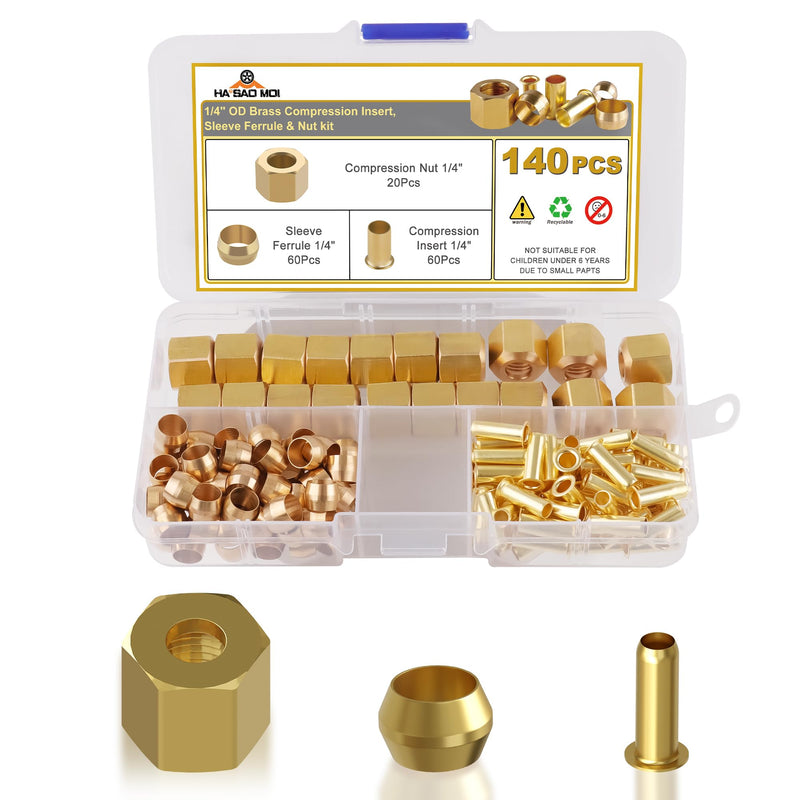 140PCS Compression Fittings Assortment kit - 1/4" of Brass Compression Sleeve Ferrule, Insert and Nuts,Used to Connect Lines for Air,Water,Fuel,Oil and Inert Gases 140pcs-1/4" Kit
