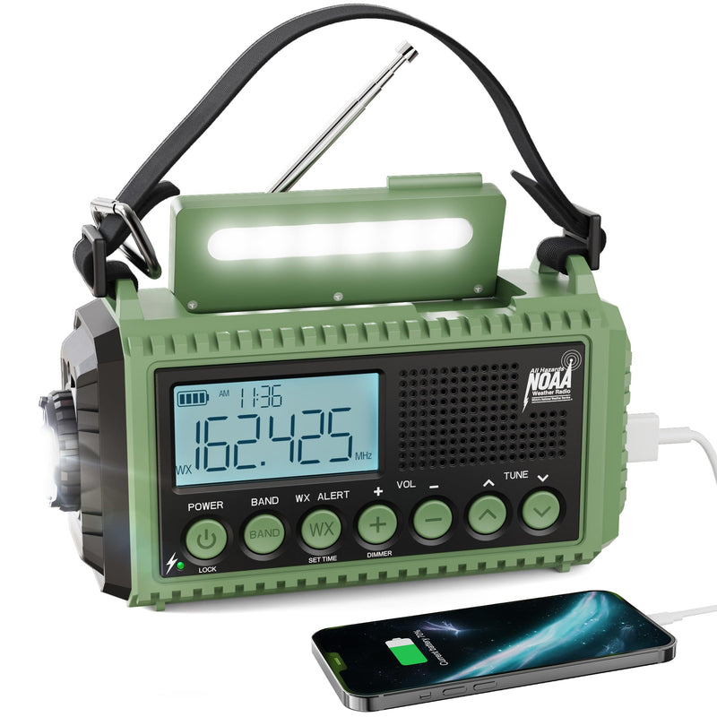 Raynic Emergency Radio, 12000mAh/44400mWh Battery Operated Weather Radio, Solar Hand Crank Radio with AM/FM/SW/NOAA Alert, Cell Phone Charger, Type-C Charging, Flashlight and SOS Siren Olive-Green-LCD Display