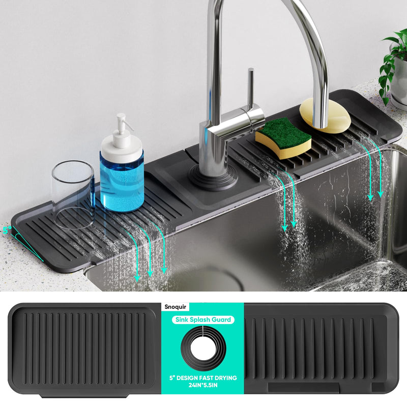 24 Inch Longer Faucet Mat for Kitchen Sink [5°Slope Fast Self-draining]Bathroom Kitchen Sink Splash Guard Silicone Sink Faucet Mat Splash Guard Kitchen Sink Area Tidy Splash Faucet Guard Draining Mat Black 24" x 5.5"