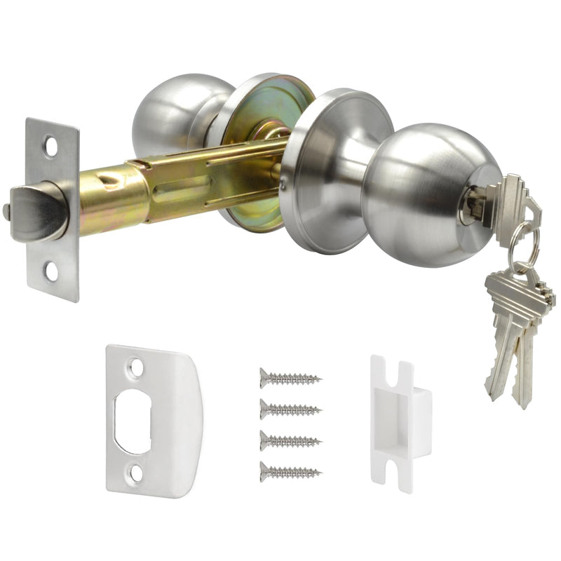 5" Backset Latch Keyed Entry Door Knob with Lock and Key, Standard Square Interface Entrance Ball Doors Knobset Lockset, Satin Nickel
