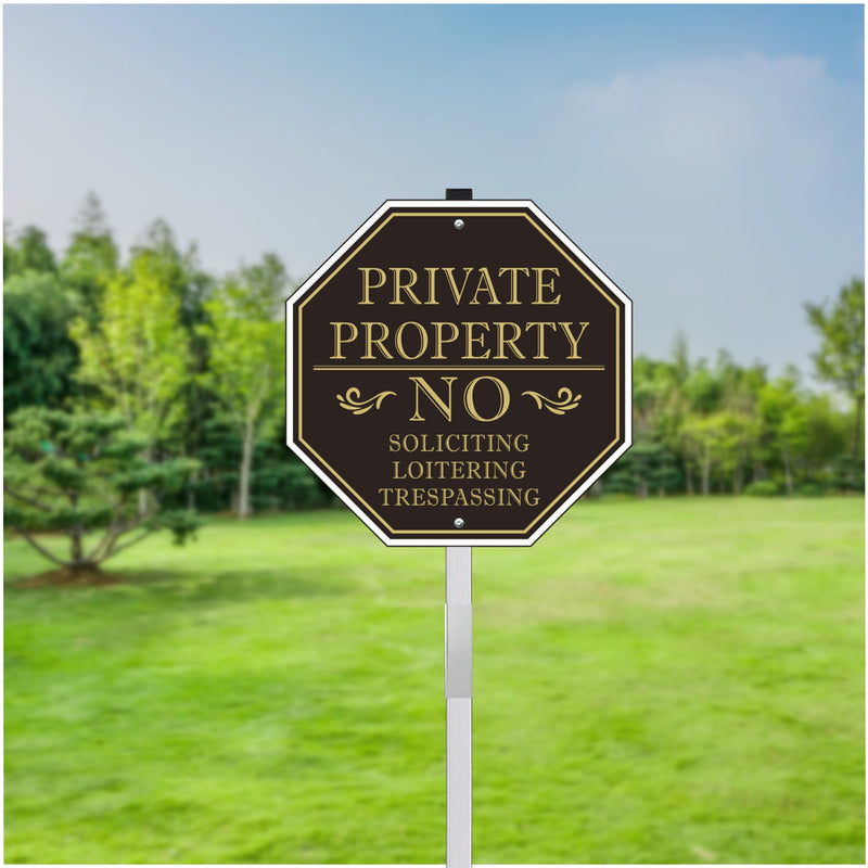 No Soliciting Sign for House, Large Private Property No Trespassing Sign, 10 x 10 Inches No Loitering Aluminum Metal Signs with 28 Inches Long Stakes for Outdoor Yard (BLACK/GOLD) BLACK / GOLD