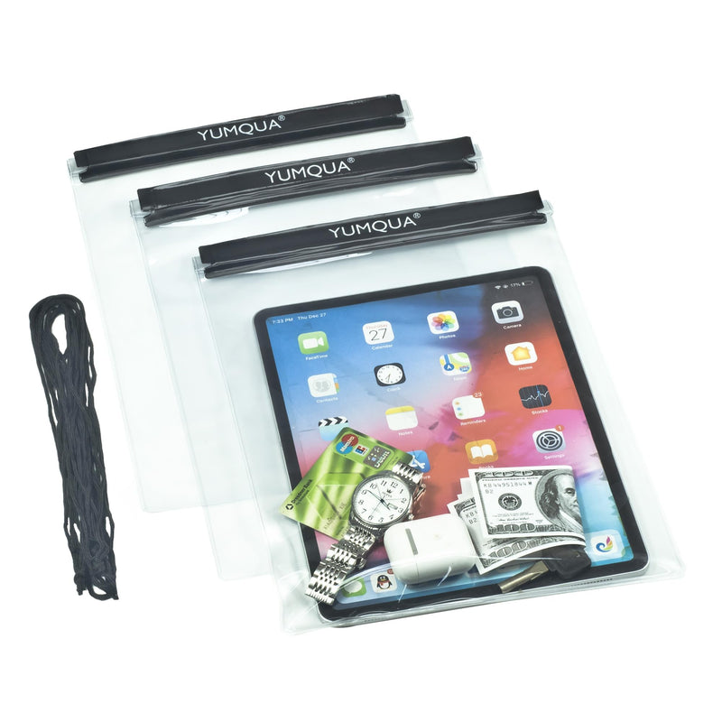 YUMQUA Waterproof Bags Large Size 3 Pack, Clear Watertight Pouch Holder for Document Map Camera Mobile Phone Car Key, fits Kayaking Boating Hiking Water Sports Black