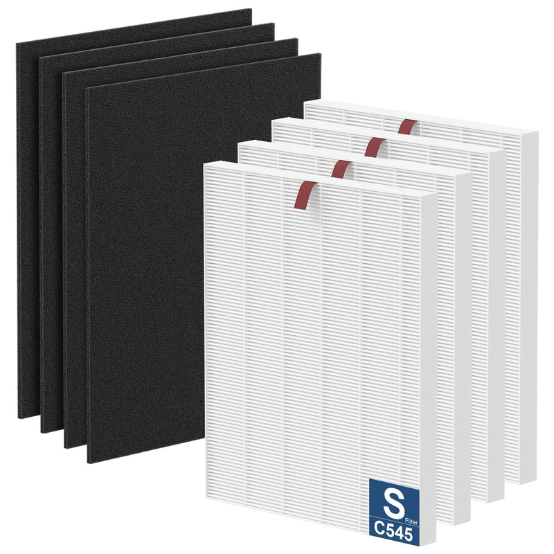 C545 HEPA Replacement Filters S Compatible with Winix C545, Replacement for Winix S Filter Part 1712-0096-00 and 2522-0058-00, 4 True HEPA Filter + 4 Activated Carbon Pre-Filter 4+4 Pack