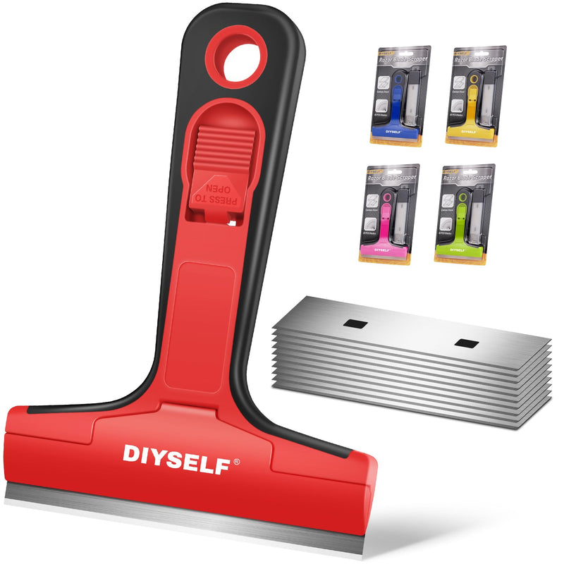 DIYSELF 1 Pack Razor Blade Scraper, Razor Scraper for Cleaning Stove Top, Cooktop, Oven, Glass Scraper, Paint Scraper, Scraper Tool Kitchen, Window Scraper with 10 Extra 4-Inch Razor Blade Red