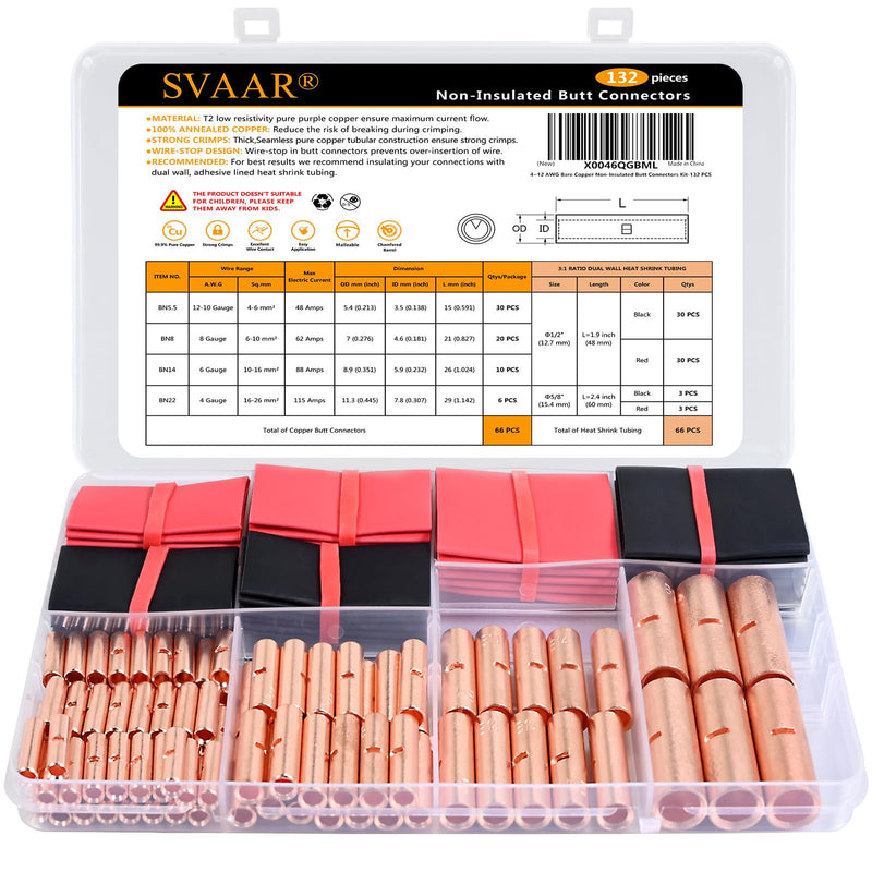 12 to 4 AWG Non-Insulated Butt Connectors 132 PCS Butt Splice Connectors Kit, 4/6/8/12-10 Gauge Bare Pure Copper Butt Splice Wire Connectors,66 PCS Uninsulated Butt Terminals & 66 PCS 3:1 Heat Shrink 4-12 AWG Assortment Kit-132pcs