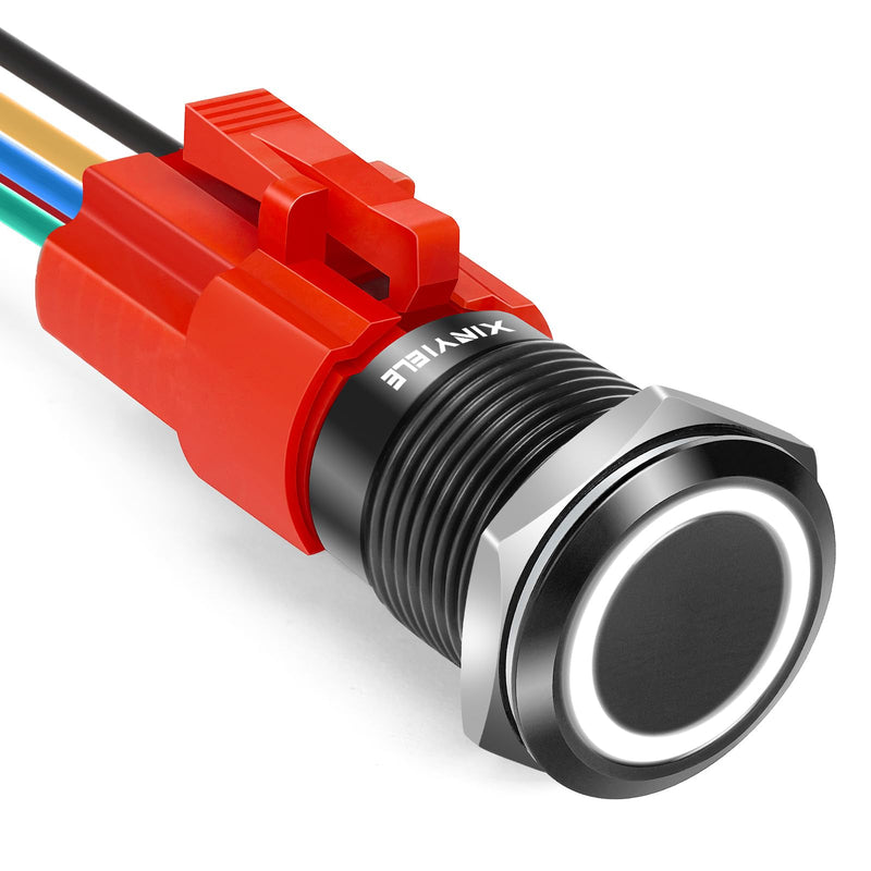 16MM Latching 12V Push Button Switch On Off,Waterproof with LED Light Power Button Switch for car，0.63" Mounting Hole with Wire Socket Plug Self-Locking(Ring White LED/Black Shell) Black Shell