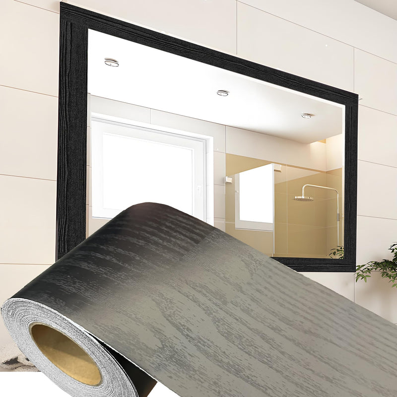 33FT Border Peel and Stick Removable PVC Waterproof Wallpaper Border Self Adhesive Bathroom Mirror Frame Sticker 4"x390" Black Wood Texture