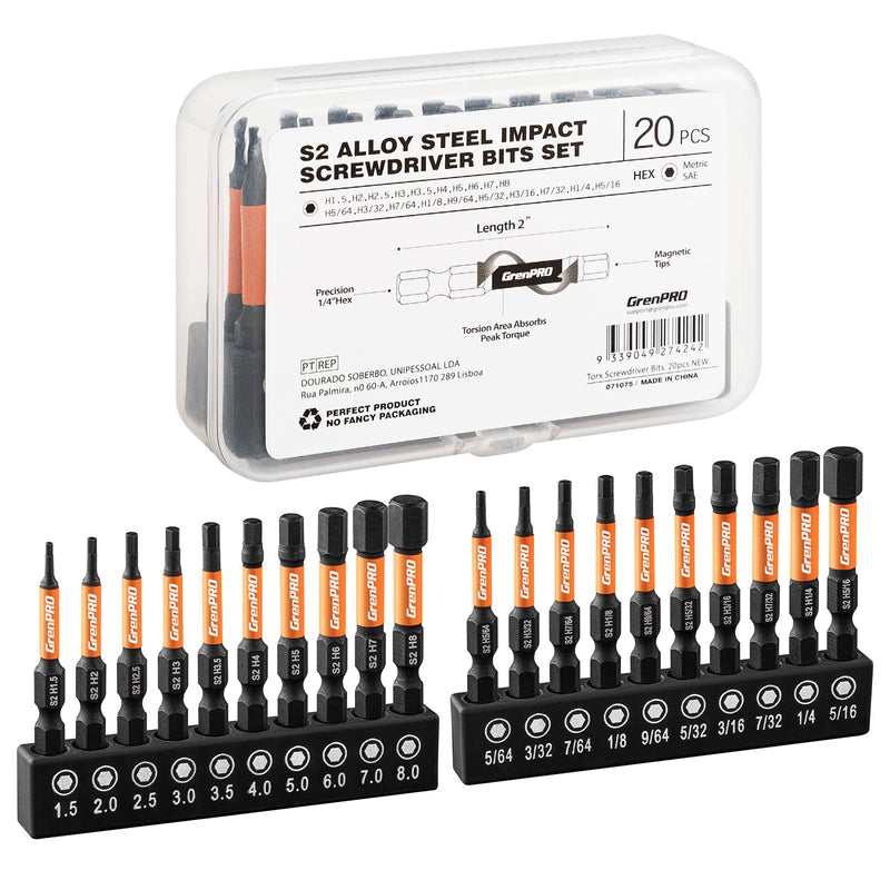 Allen Wrench Drill Bit Set Hex Head Impact Driver Bit Set 20pc (Metric&SAE), 1/4” Hex-Shank Magnetic Hex Key Bit Set 2” Long Bit Socket Set, Allen Key Screwdriver Driver Bits Sets Metric+SAE(20pcs) Orange