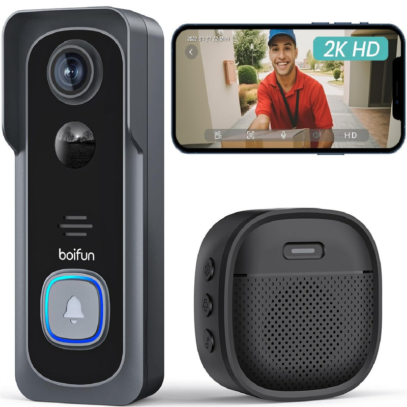 BOIFUN Wireless Doorbell Camera with Chime - 166° Wide Angle View, 2K HD Video, Quick Wake Up and Motion Detection, 6700mAh Battery, Intelligent HDR Night Vision, Two-Way Audio (No Subscription) Black