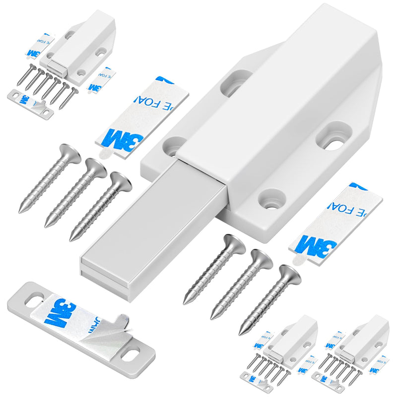 Magnetic Push Latch Without Nail Installation Tonitrui Heavy Duty Magnetic Touch Latches for Large Door Push Release Latch Kitchen Drawer Push Catch Press Out Latch(White 4 Pack) White