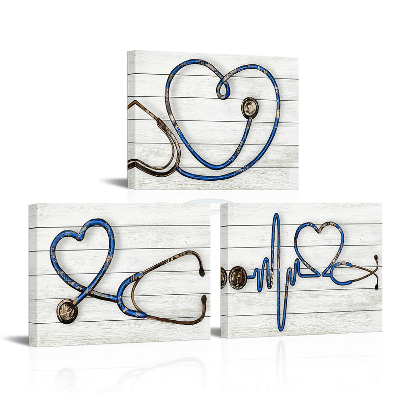 Biuteawal 3 Panels Medical Wall Art Stethoscope Paintings Echometer Instrument Picture Clinic Decor Grey Blue Canvas Print Nurse Day Gift Home Office Decoration Framed Ready to Hang