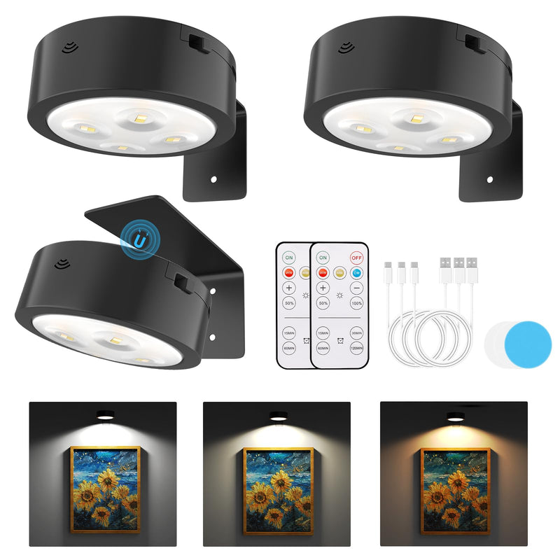 3 Pack Picture Lights for Wall, Rechargeable Battery Operated wall lights, Picture Frame lights with 3 Lighting Modes, Wireless Magnetic Painting Light with Remote Control Timer (Black, 3 Pack) Black