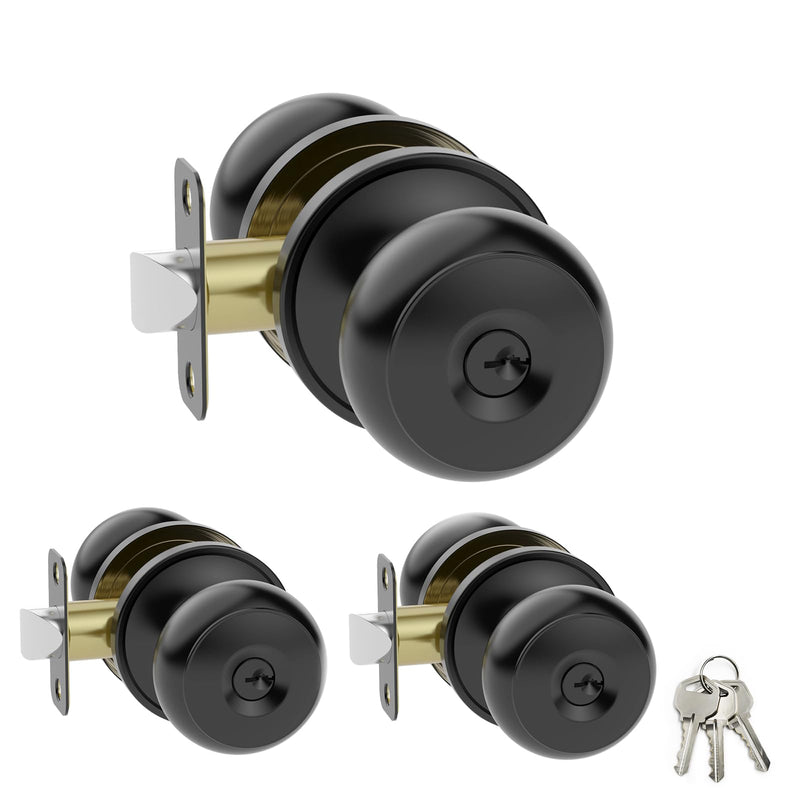 Amerdeco 3 Pack Matte Black Keyed Entry Door Knob with Lock, Interior and Exterior Door Lock, Round Ball Knob Keyed Entry Lock