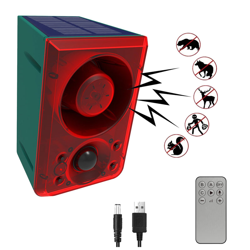 Solar Outdoor Motion Sensor Alarm - Dog Barking&Gunshot Sound 130db Motion Detector Alarm Light,with Remote Controller for Home, Villa,Yard,Chicken coop 911N 1 Pack
